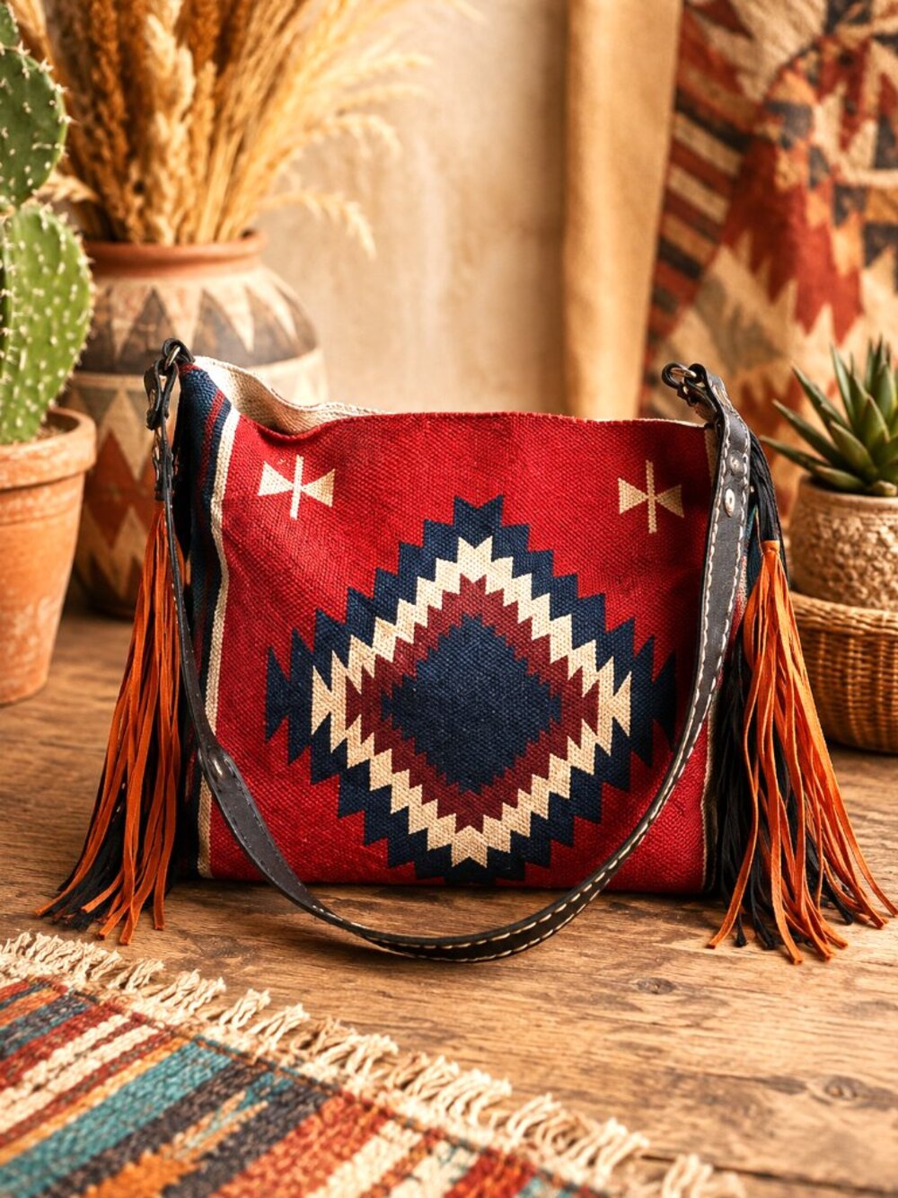 Southwestern Rust Fringe Tote Bag Purse Faux Leather Western Aztec Canvas NWT